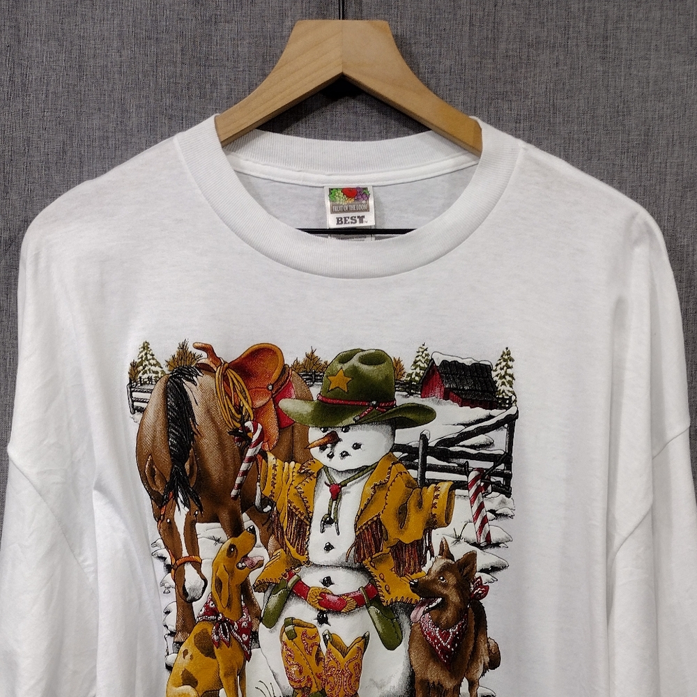 Fruit Of The Loop Snowman Cowboy Dogs Long Sleeve Shirt Mens XXL White Holiday - Picture 2 of 9